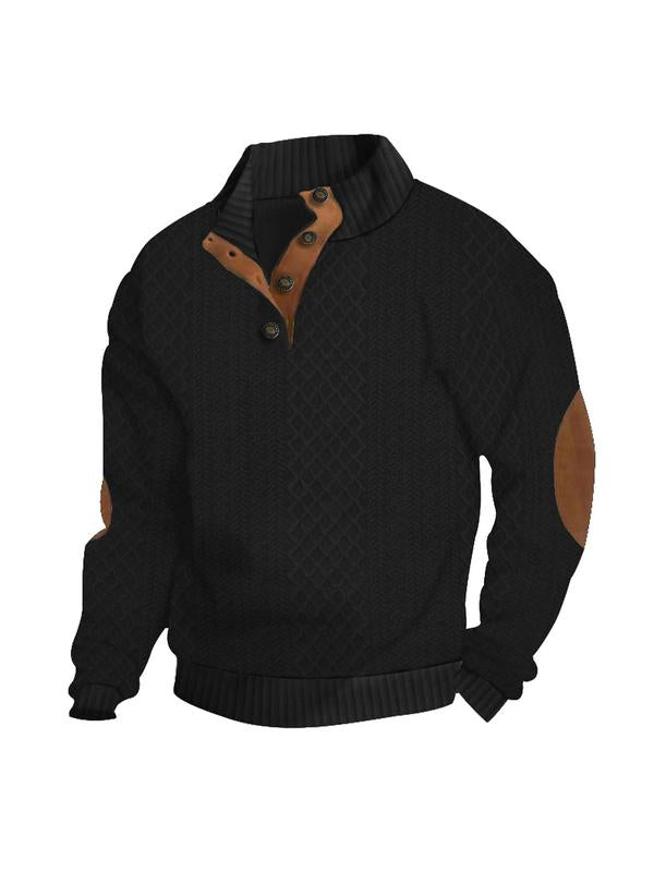 Men's Colorblock Patchwork Jacquard Button Front Sweatshirt, Regular Fit Casual Long Sleeve Stand Collar Sweatshirt for Fall & Winter, Fashion Men's Knitwear for Daily Wear