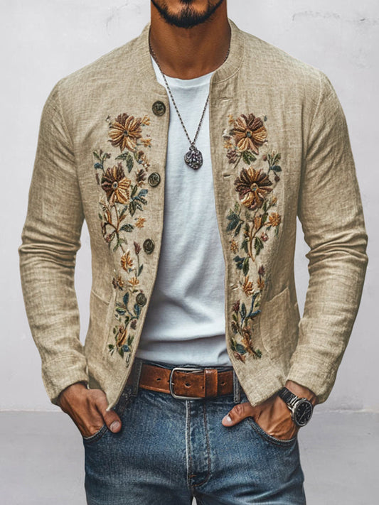 Floral Embroidered Cotton Linen Shirt Jacket