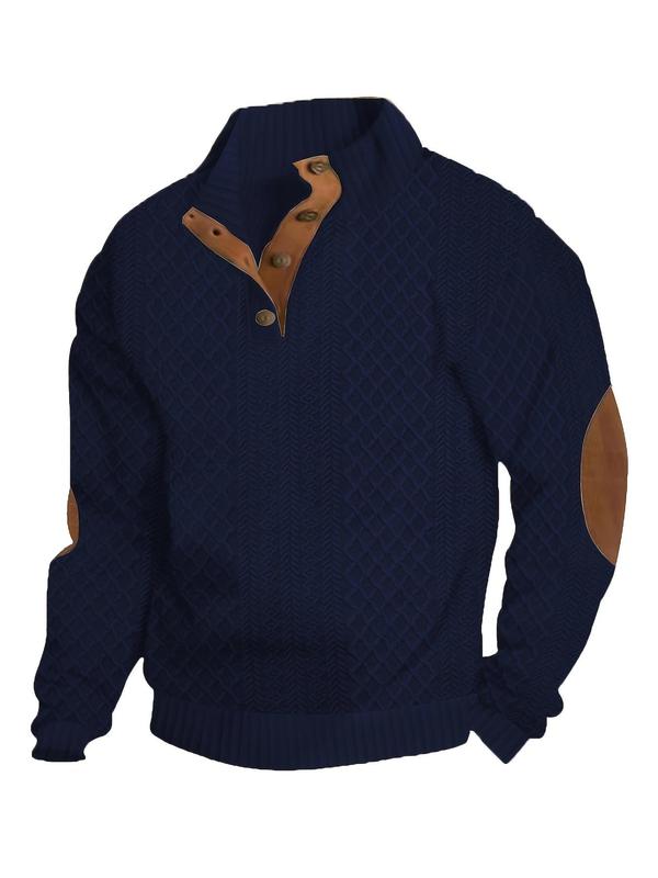 Men's Colorblock Patchwork Jacquard Button Front Sweatshirt, Regular Fit Casual Long Sleeve Stand Collar Sweatshirt for Fall & Winter, Fashion Men's Knitwear for Daily Wear