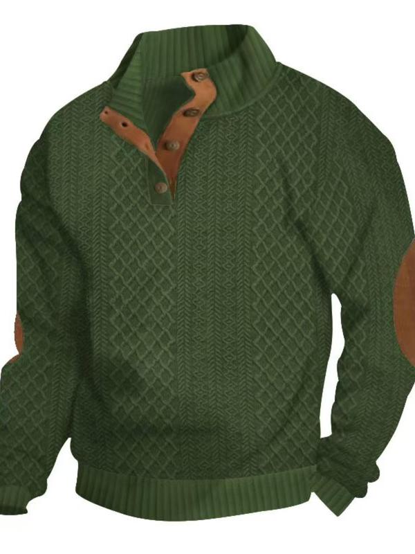 Men's Colorblock Patchwork Jacquard Button Front Sweatshirt, Regular Fit Casual Long Sleeve Stand Collar Sweatshirt for Fall & Winter, Fashion Men's Knitwear for Daily Wear